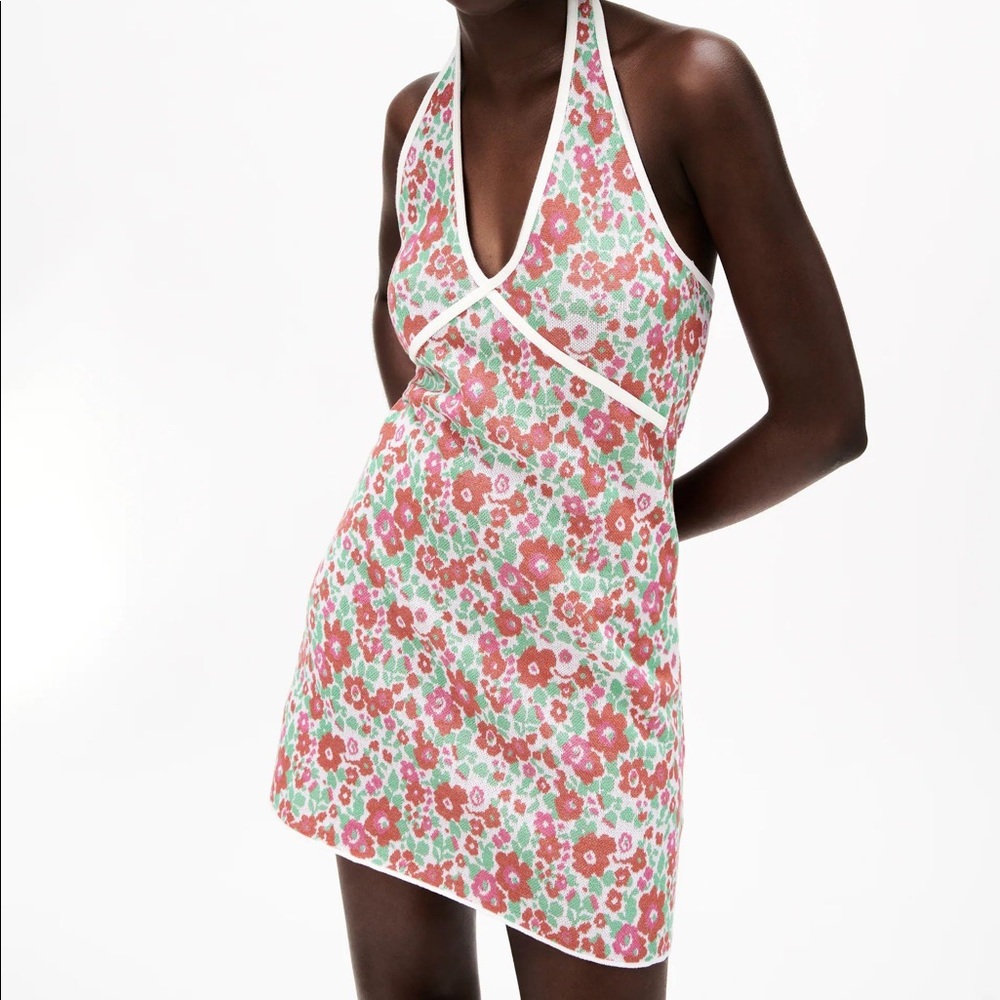 ZARA Red and Green Floral Halter Dress